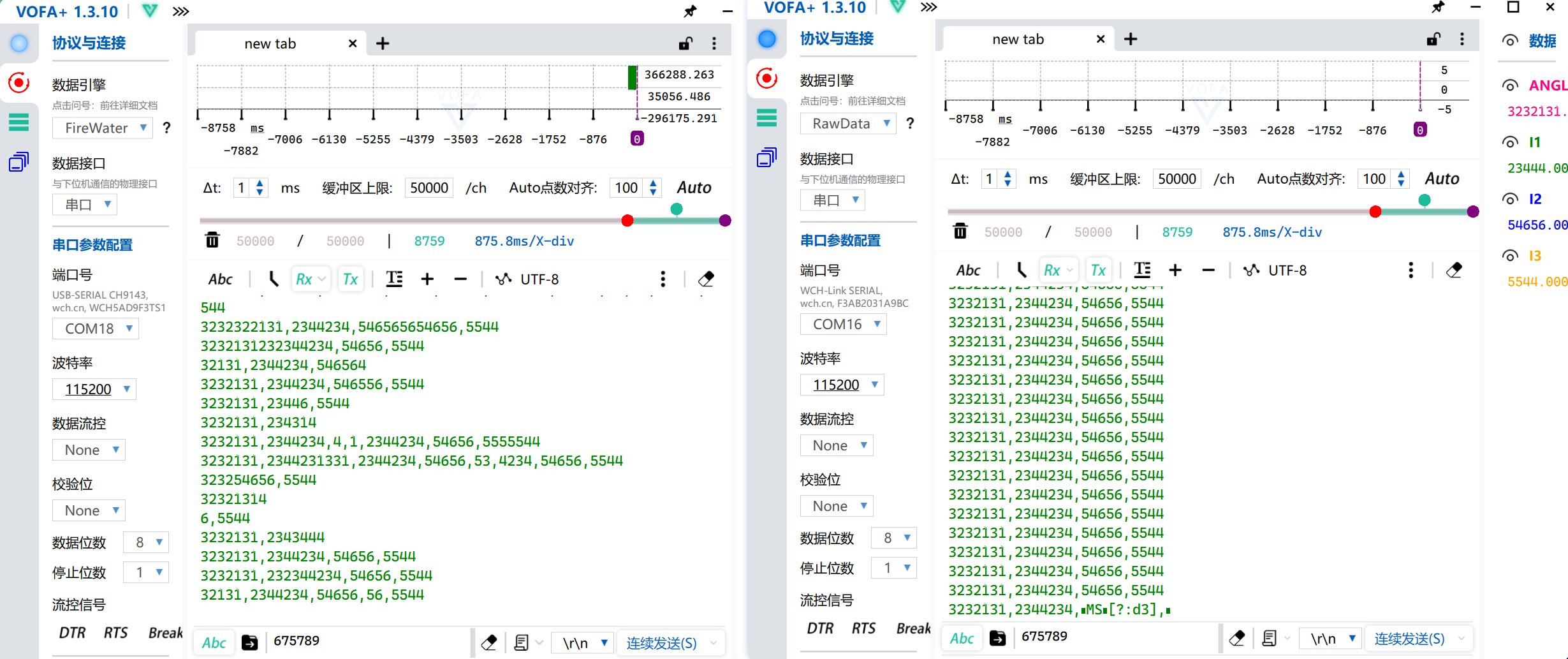 左邊是PC端藍(lán)牙收到的,右邊是探針測(cè)的單片機(jī)TXD.png